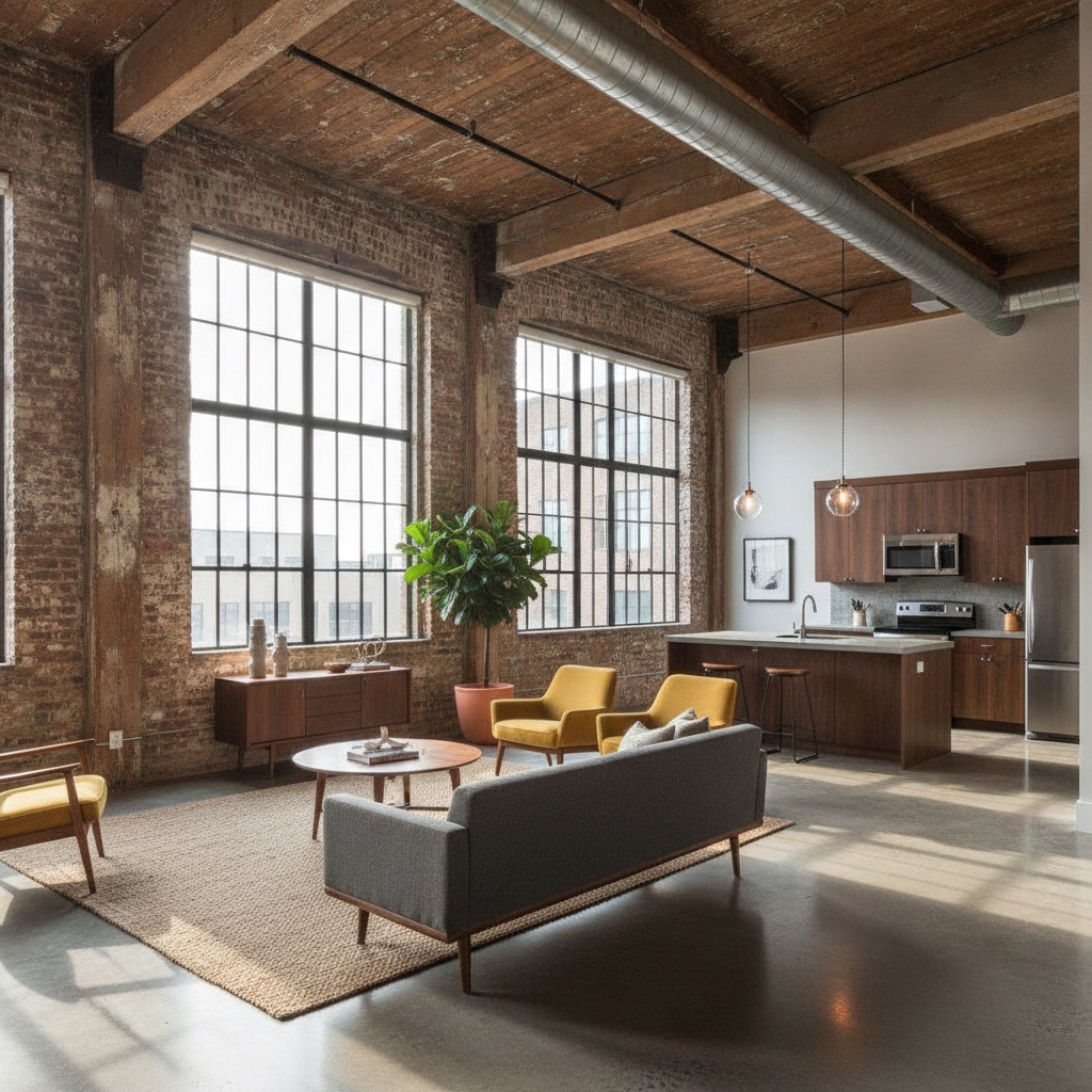 Converted warehouse loft with exposed brick and tall industrial windows